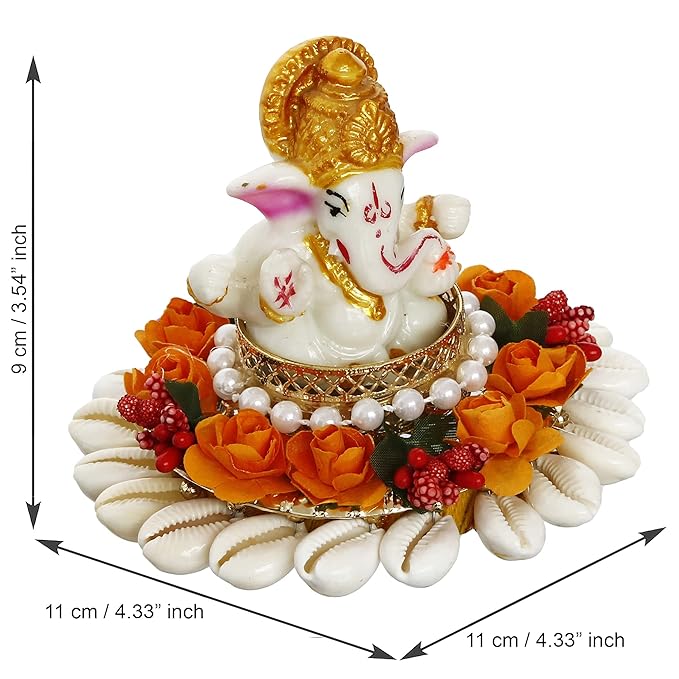 Ecraftindia Polyresin Lord Ganesha Idol on Shells and Orange Floral Decorative Handcrafted Plate