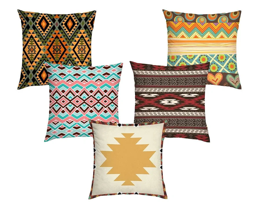Aerohaven Jute 150 TC Tribal Motif Pillow Cushion Covers Geometric Style Set 5