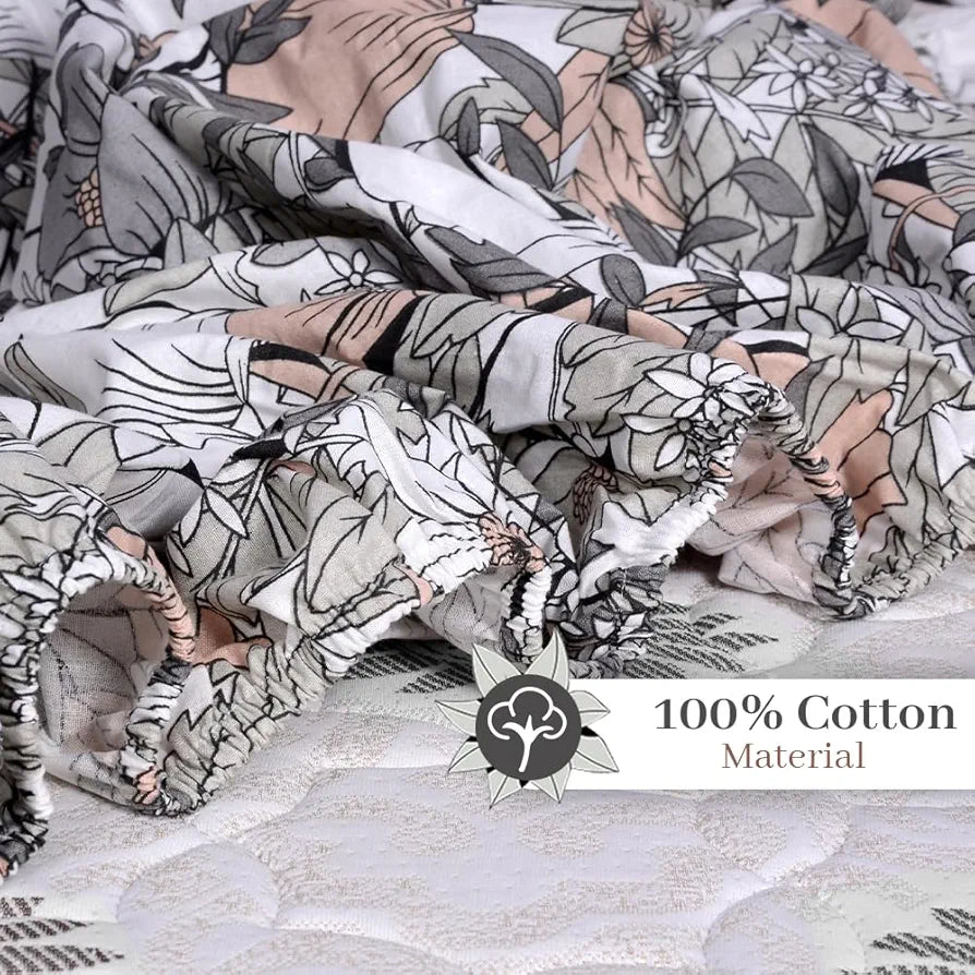 Divine Casa 144 TC Floral Grey 100% Cotton Elastic Fitted Bedsheets King Size with 2 Pillow Covers Colour Griffin