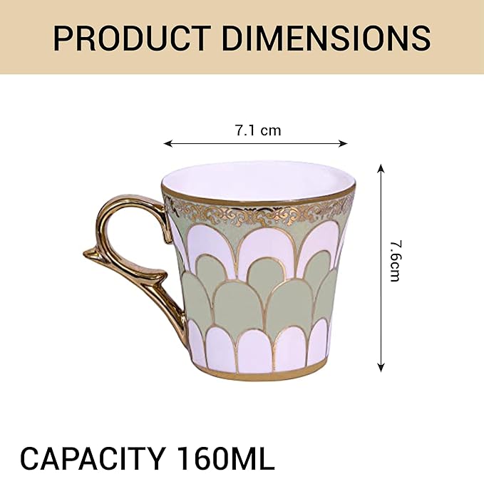 Femora Water Drop Scale Pattern Golden Tea Mugs, Ceramic Tea Cups, Coffee Mugs | 160 Ml | Green | 6 Pieces Set | Not Microwave Safe