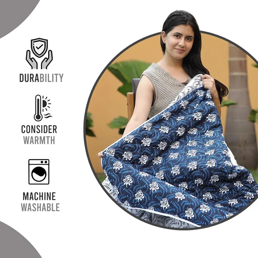 Divine Casa Microfibre Mild Winter Lightweight 120 GSM Printed Reversible Double Bed Size Quilt Comforter Blanket TC - 144 Colour Navy Blue and White