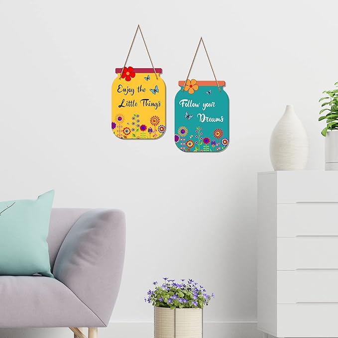 Artvibes Follow Your Dreams Quote Decorative Wall Art Mdf Wooden Wall Hanger for Living Room | Set of 2