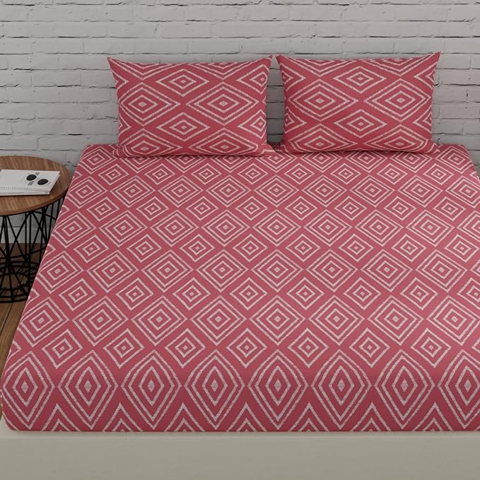 Huesland by Ahmedabad Cotton 144 TC Bedsheet for King Size Bed with 2 Pillow Covers | Peach Pink