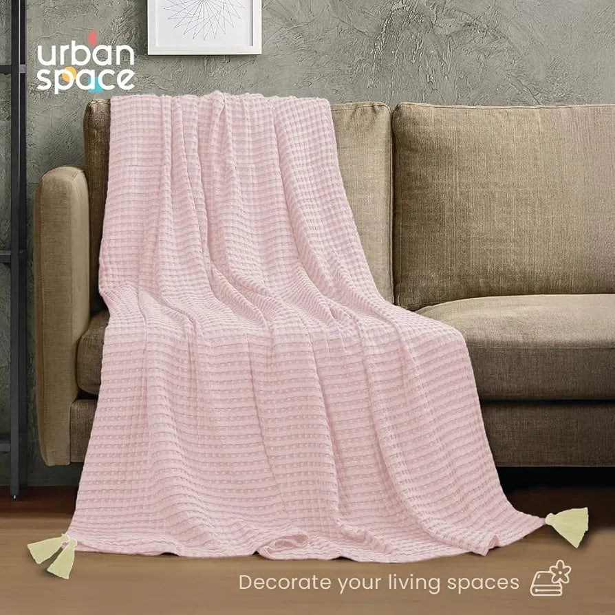 Urban Space Cotton Waffle Throw Blanket, Soft Decorative Throw for Living Room, Sofa, Chair and Couch, Handmade,Reversible and Breathable Throw Waffle Blush Pink