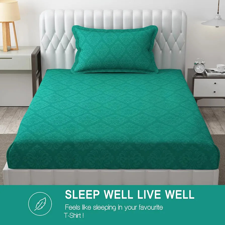 Fresh From Loom Single Bedsheet Microfiber Bed Sheet Set Printed with 1 Pillow Covers 144 TC Green Damas
