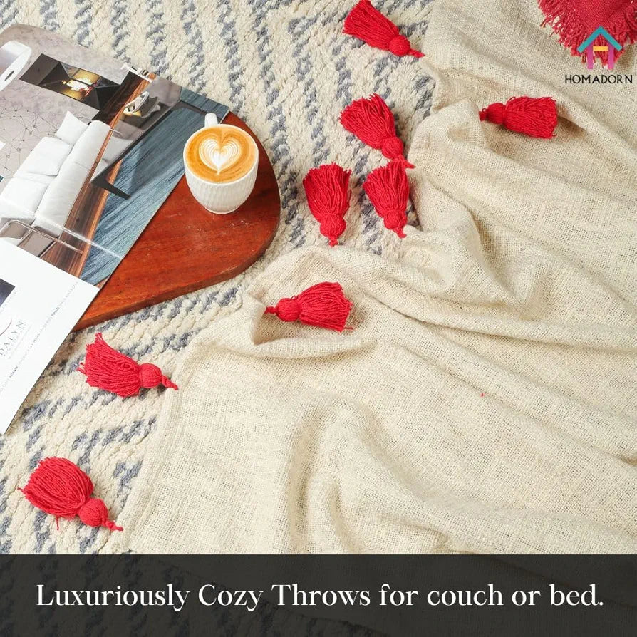 Homadorn 100% Cotton Off White Throw Blanket with Handmade Colorful Tassel Colour Red