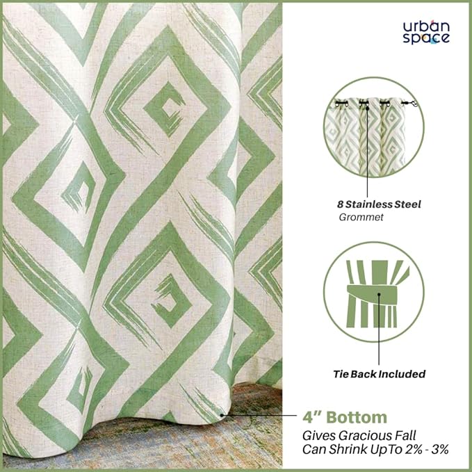 Urban Space Cotton Curtains for Door Bedroom Home Decor Pack of 2 Curtain with Eyelets and Tieback (Colour Basics Green)