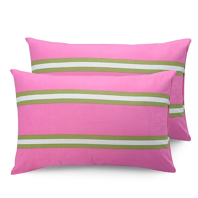 Huesland by Ahmedabad Cotton 144 TC Cotton Bedsheet for Double Bed King Size with 2 Pillow Covers |Flamingos & Stripes Pink & Green