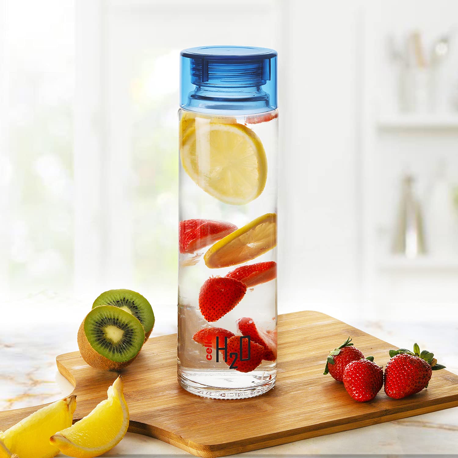 Cello H2o Glass Fridge Water Bottle With Plastic Cap | 920 ml | Blue