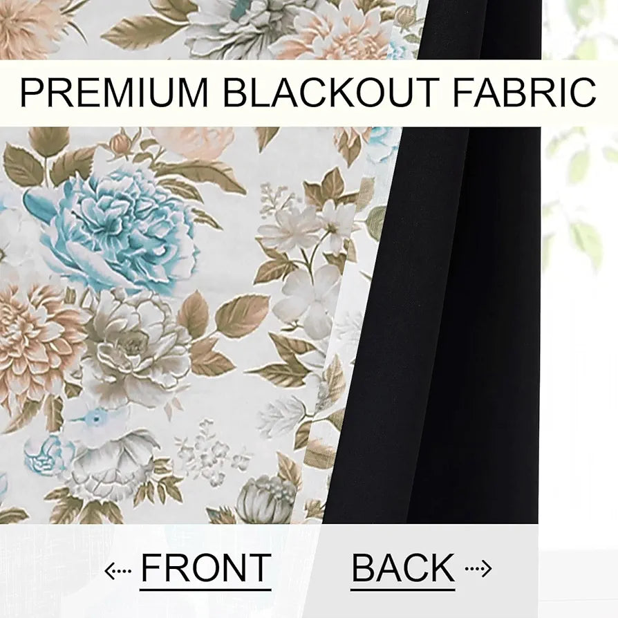 Cloth Fusion Blackout Printed Premium Window Curtains 5 Feet Long Set of 2 Blue Blooms