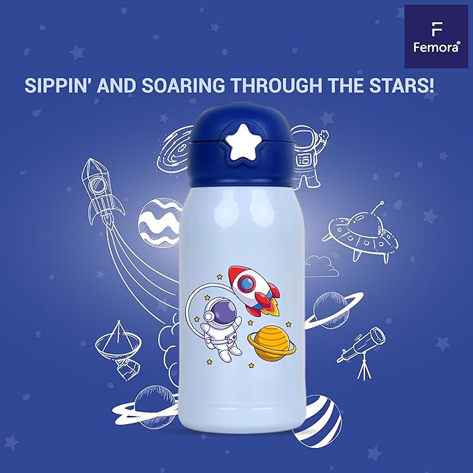 Femora Galaxy World Thermosteel Double Wall Vacuum Kids Water Bottle with Bag - 350 gms