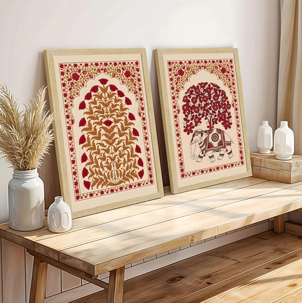 ArtX Paper Elephant Kalamkari Art Paintings with Frame Set of 2