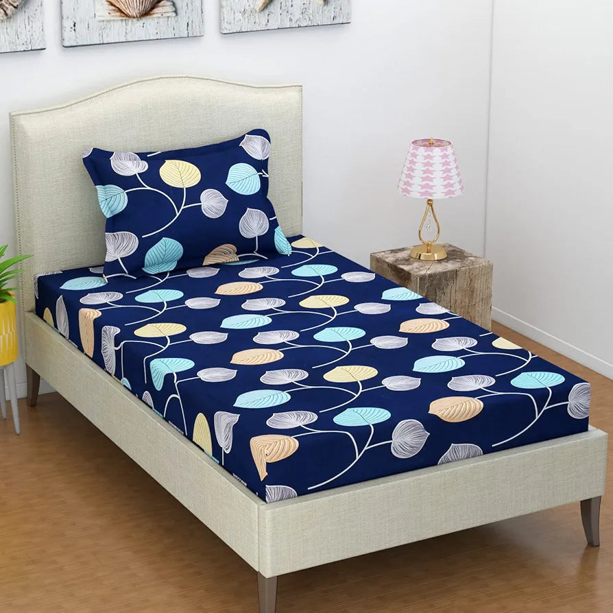 BSB HOME Premium Forever Modern Style Glace Cotton Floral Pattern 1 Single Size Bed bedsheet and 1 Pillow Cover Dark Blue & White Flower