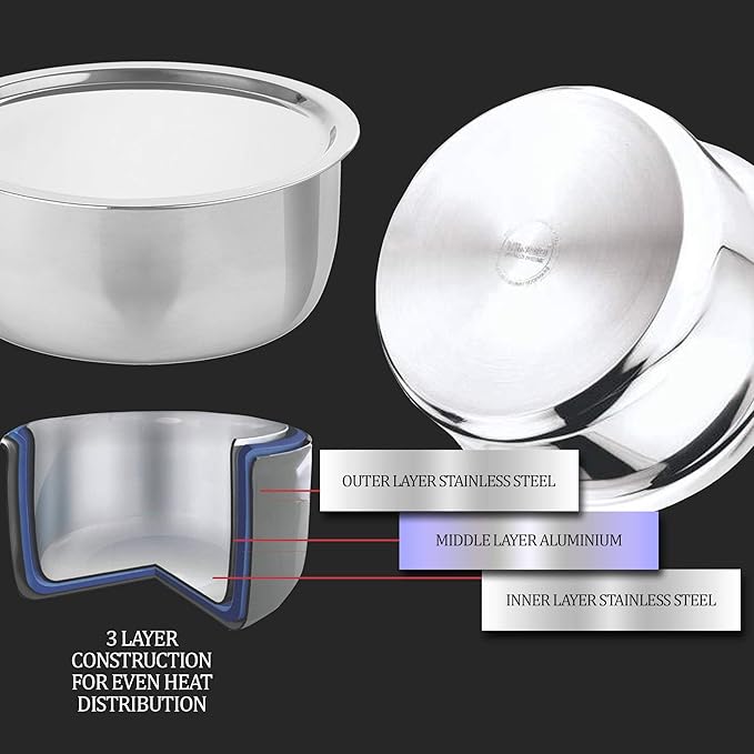 Milton Pro Cook Triply Stainless Steel Induction Tope with Lid, 22 cm / 4.25 Litre - 2080 gms