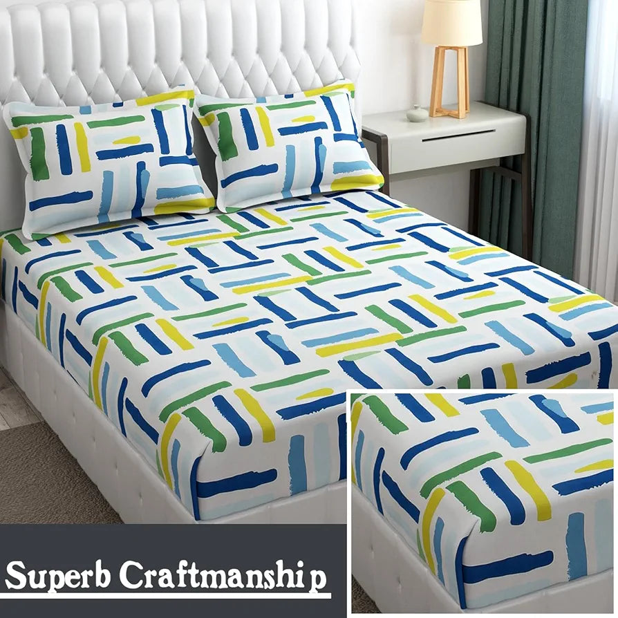 Fresh From Loom Microfiber Rotary Printed Bed Sheet Set King Size Hypoallergenic Wrinkle Free with 2 Pillow Covers 144 TC Multi Line