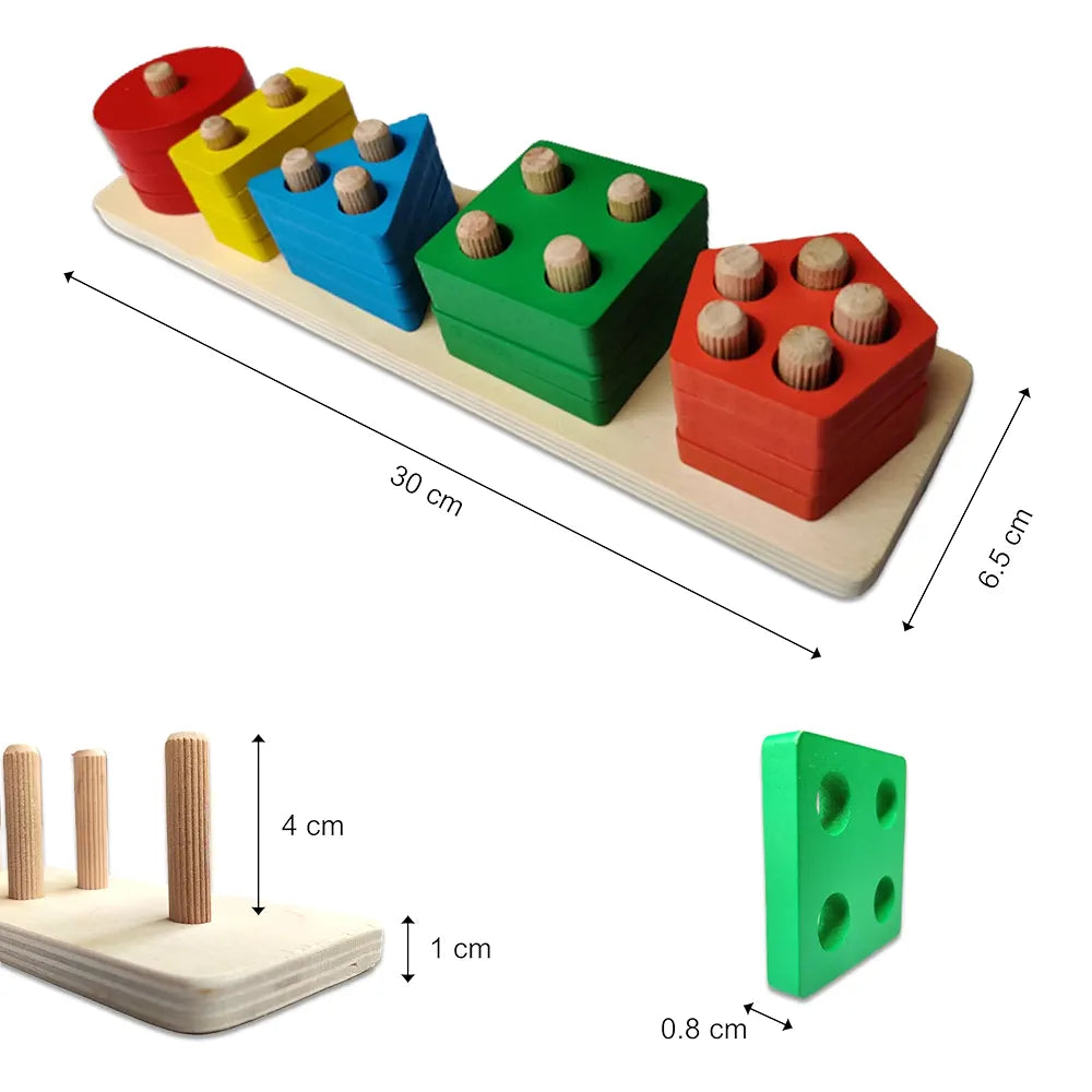 KIDS KINDLY Wooden Geometric Shape Sorter, 5 Column Set -20 Blocks, Stacking Puzzle for Kids, Birthday Gifts for Boys & Girls, Age 2+