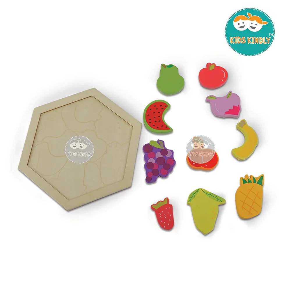 KIDS KINDLY Wooden Stacking and Sorting Puzzle - Fruits Theme, Jigsaw Puzzle, Wooden Toys for Kids, Age 3+