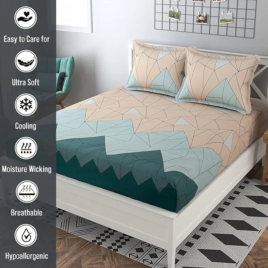 Fresh From Loom King Size Microfiber Bedsheet Set Printed with 2 Pillow Covers 144 TC Beige Green