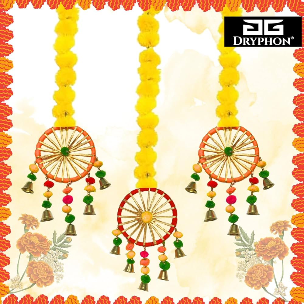 Artificial Marigold Flowers With Pom Pom Ring Bell Hanging Yellow