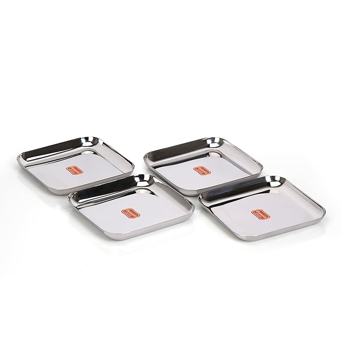 Sumeet Stainless Steel Medium Square Shape Plate Set of 4pcs 22.5cm Silver