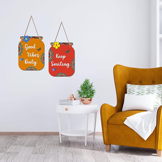 Artvibes Good Vibes Only Quote Decorative Wall Art Mdf Wooden Wall Hanger for Living Room | Set of 2