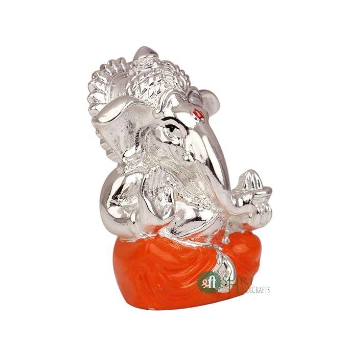 Indicast Hand Carved Silver Plated God Ganesha Resin Idol Sculpture Statue for Home & Office Decor & Gifts | Orange