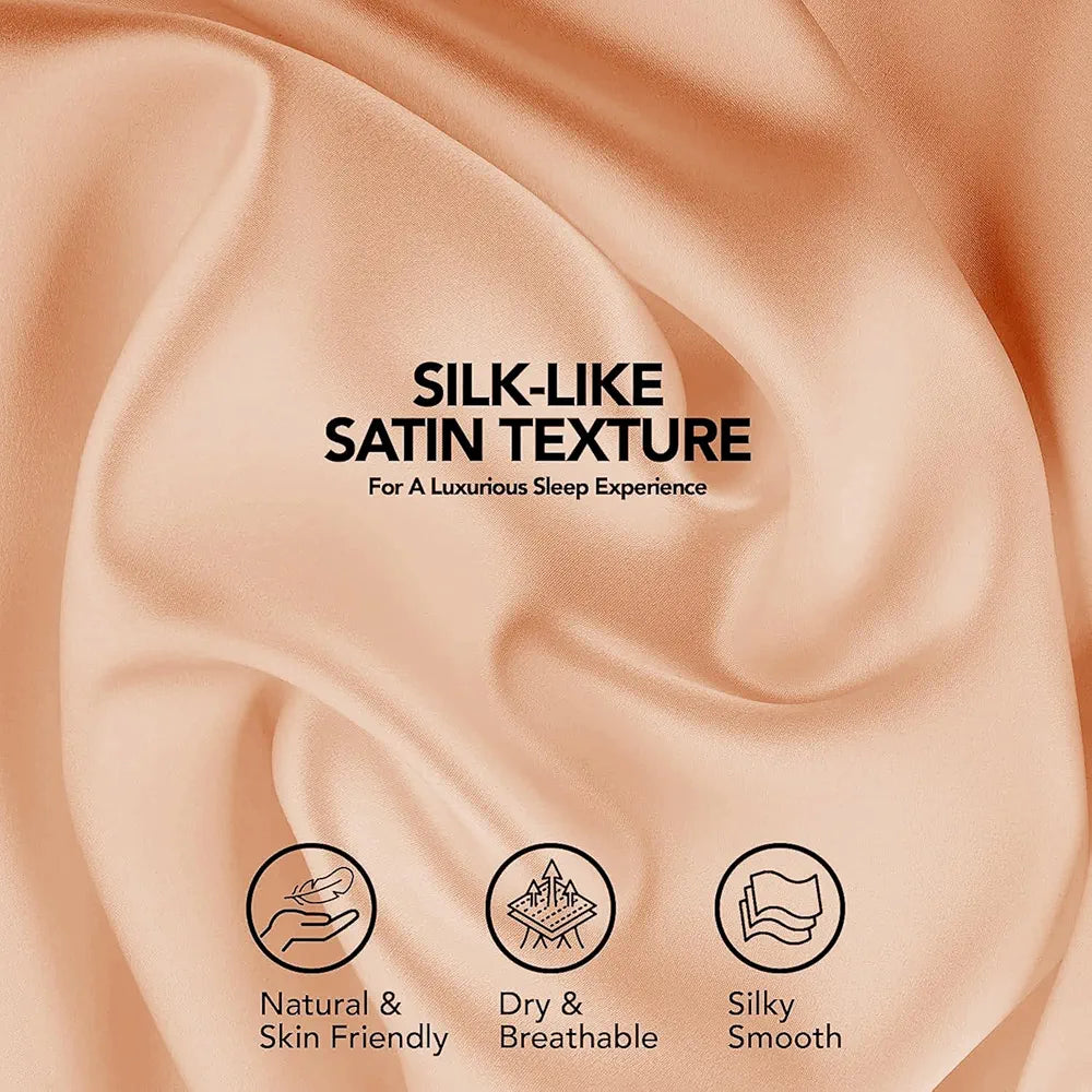 Cloth Fusion Satin Pillow Cover Set of 2 Pillow case with 3 Satin Soft Scrunchies Peach Colour