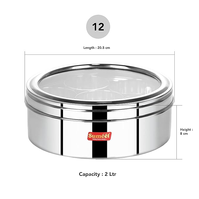 Sumeet Stainless Steel Round Masala (Spice) BoxOrganiser with See Through Lid With 7 Containers
