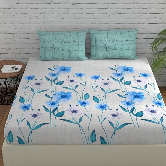 Huesland by Ahmedabad Cotton 144 TC Bedsheet for King Size Bed with 2 Pillow Covers | Tame Teal & Blue