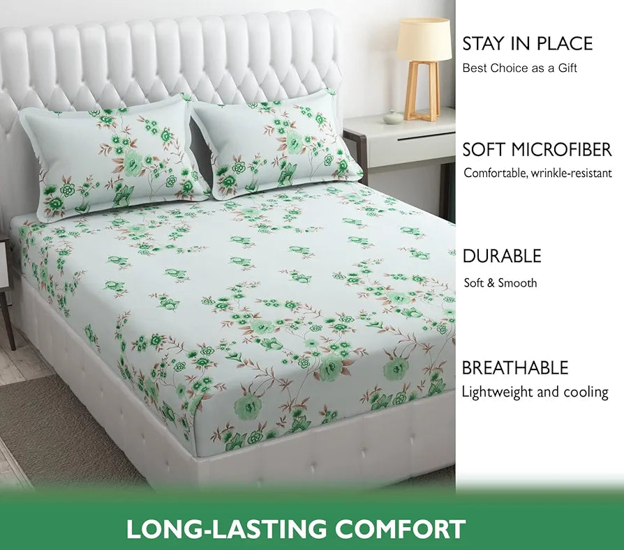Fresh From Loom Floral Print 240 TC Microfiber King Size Bedsheet Set with 2 Pillow Cover Soft-Cyan
