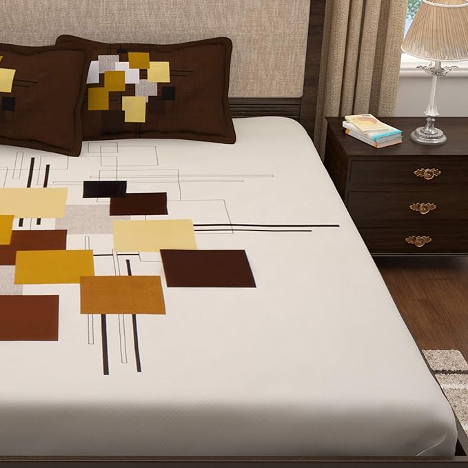 Story@Home Cotton Abstract Print Tevel King Size Bedsheet with 2 Pillow Covers White & Brown Colour