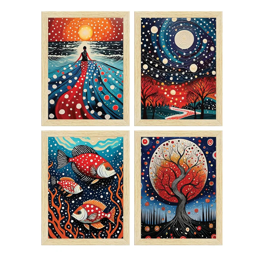 ArtX Paper Women Polka Dots Art Paintings with Frame Set of 4