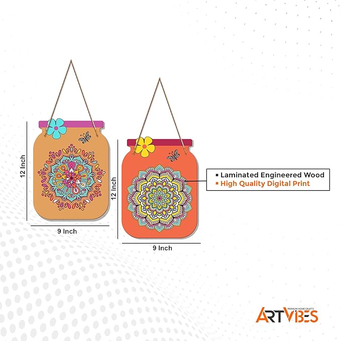 Artvibes Mandala Pattern Decorative Wall Art Mdf Wooden Wall Hanger for Living Room | Set of 2