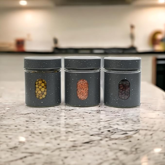 Femora Carbon Steel Jar for Kitchen Storage With Clear Glass Window and Carbon Steel Lid | 300 Ml | Set of 3 | of Lids | Black