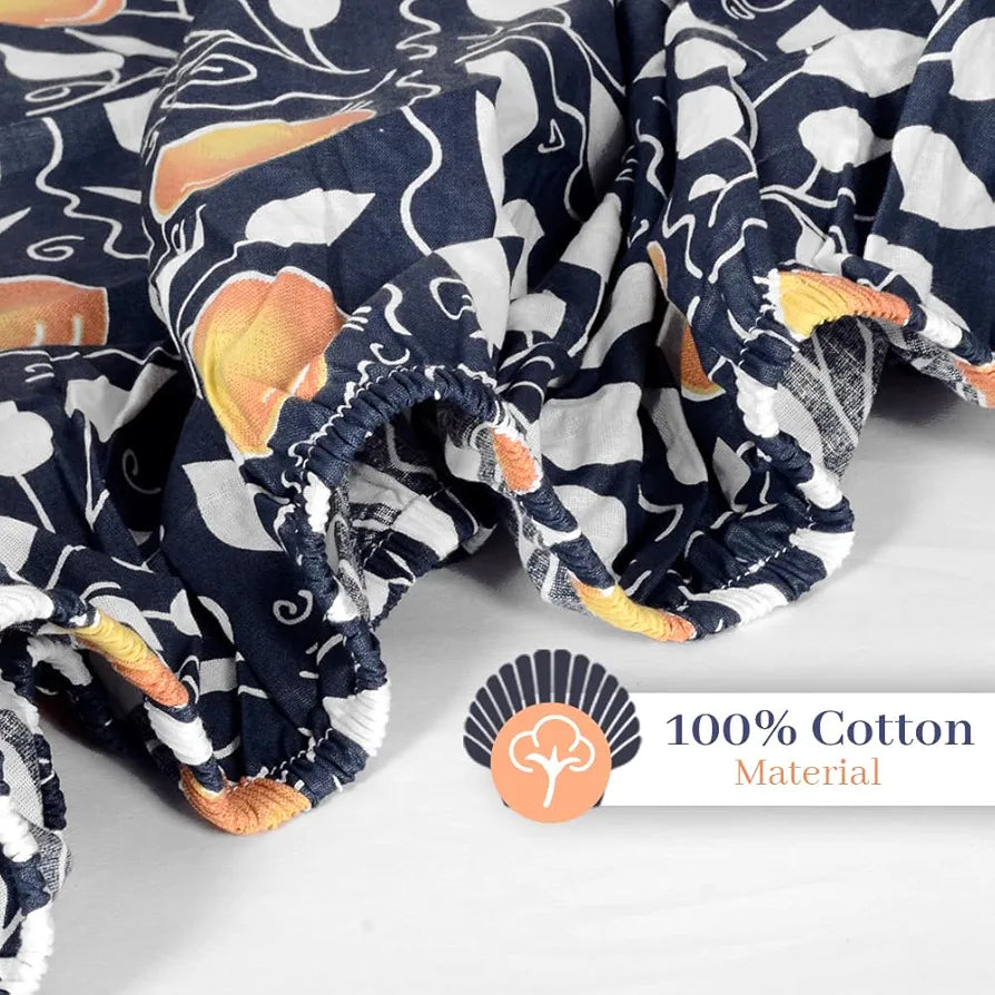 Divine Casa 144 TC 100% Cotton Deep Cobalt Floral King Size Elastic Fitted Bedsheet with 2 Pillow Covers Elegant Double Bed Set Colour Marlin