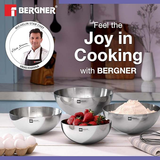Bergner Be Essentials Tri-ply Stainless Steel 24 Cm (2.5 Liters) Tasra | Steel Kadai