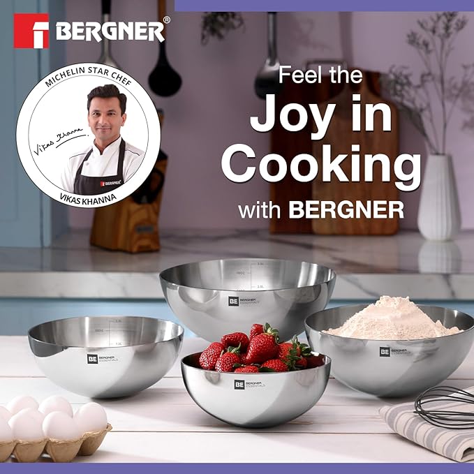 Bergner Be Essentials Tri-ply Stainless Steel 28 Cm | 4 Litres Tasra | Steel Kadai