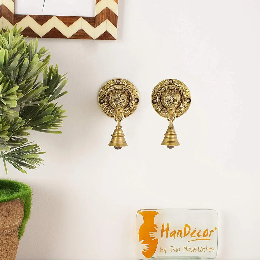 Two Moustaches Elephant Face Wall & Door Brass Decorative Bell Pair