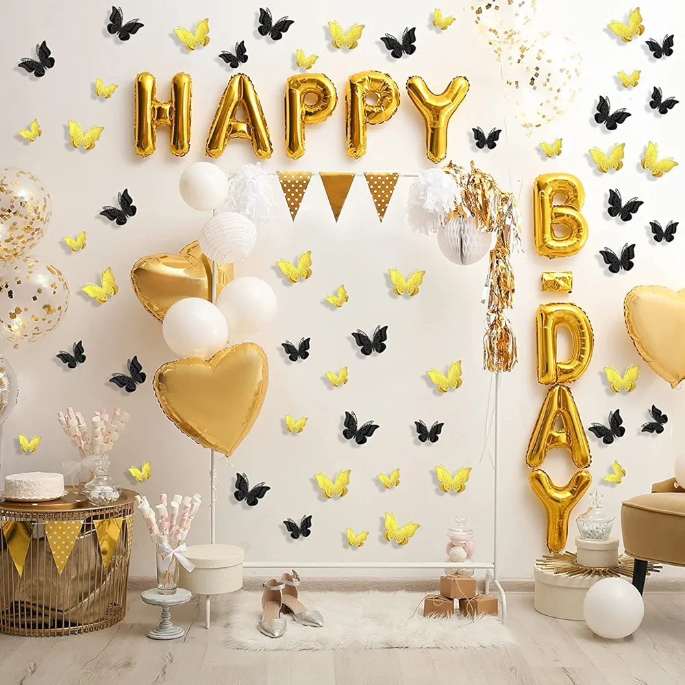 Xtore 120 Pcs Stunning 3D Black and Golden Butterfly Wall Decor Self-Adhesive
