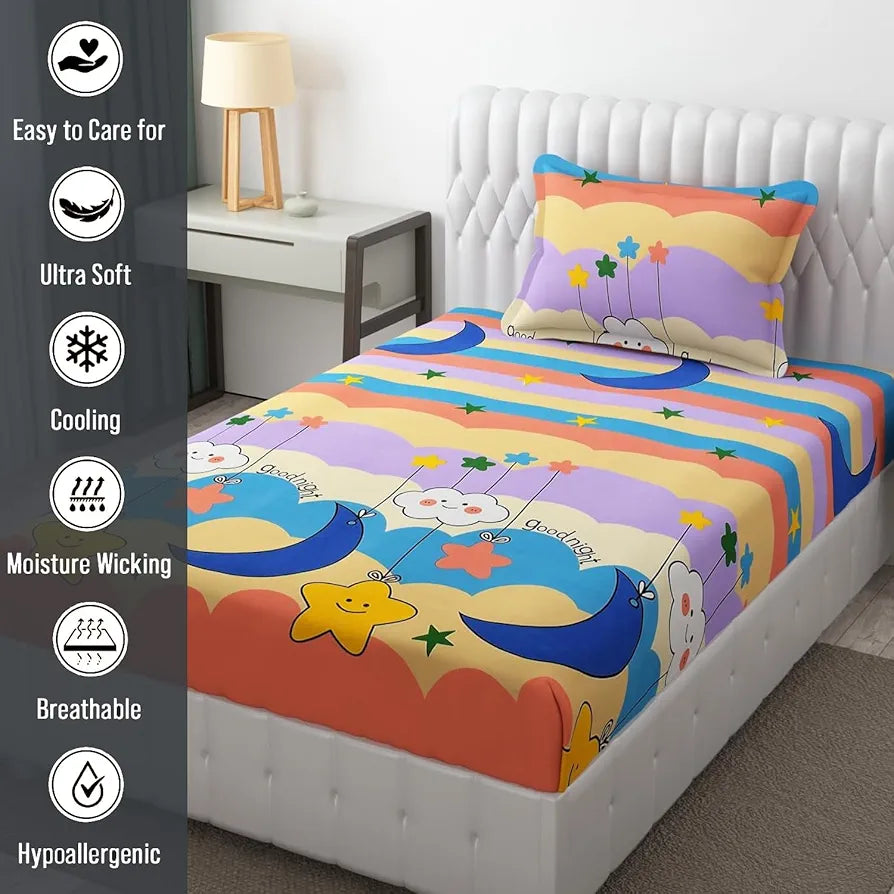 Fresh From Loom Wrinkle Free Glace Animal Print Cotton Bedsheet For Kids Single Bedsheet With 1 Pillow Covers 144 Tc Gud Night Multicolor