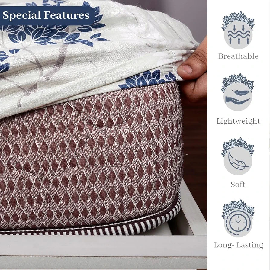 Divine Casa 144 TC 100% Cotton Floral Pattern Elastic Fitted Queen Size Bedsheet with 2 Pillow Covers Cream & Brown Print Ideal Colour Harbor Mist