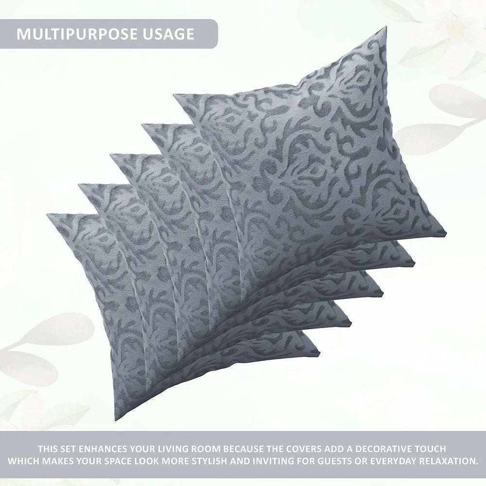 Kuber Industries Set of 5 Washable & Removable Velvet Sofa Pillow Covers with Zip Floral Design Grey