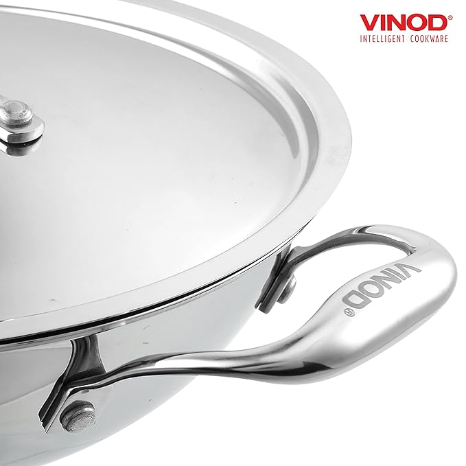 Vinod Platinum Triply Stainless Steel Cookware Kadai With Lid | 2.5 Litres | 24 Cm | 2.5 Mm Thick | 3 Layer Kadhai