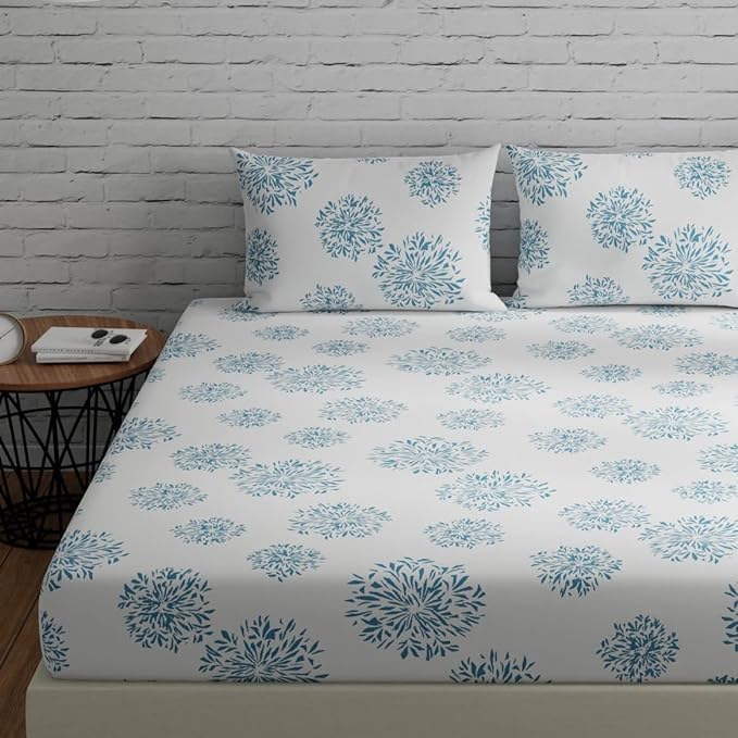 Huesland by Ahmedabad Cotton 144 TC Cotton Bedsheets for King Size Bed with 2 Pillow Covers | White (Blue Print)