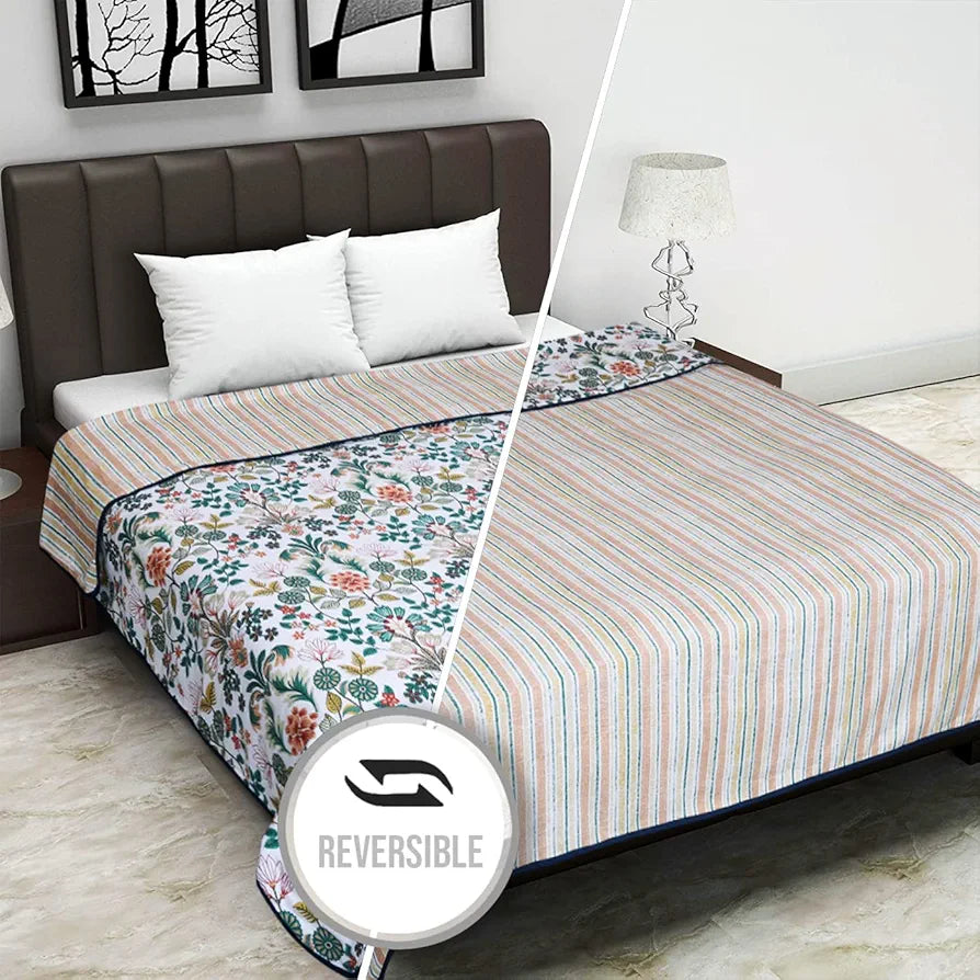 Cloth Fusion Reversible Dohar Double Bed, Soft Cotton Blend AC Blanket for Summer Floral Green