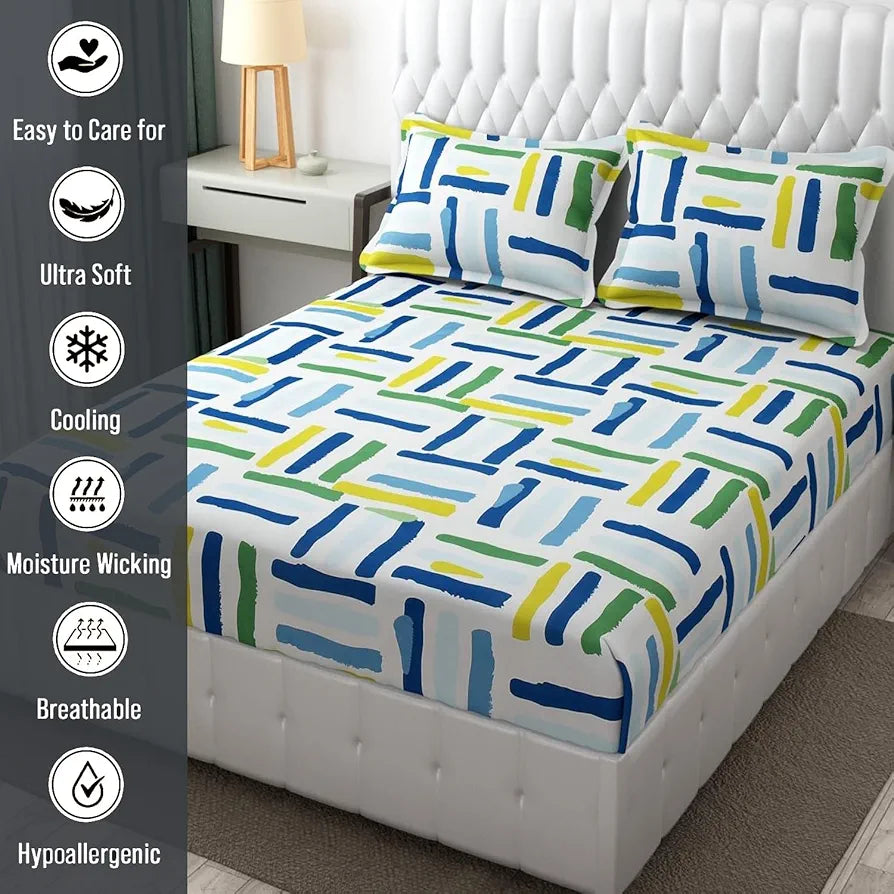 Fresh From Loom Microfiber Rotary Printed Bed Sheet Set King Size Hypoallergenic Wrinkle Free with 2 Pillow Covers 144 TC Multi Line