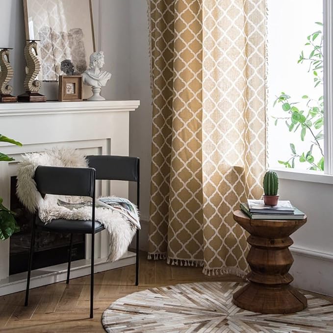Huesland Cotton Curtains for Windows, 5 Feet Long 1 Bohemian Eyelet Curtain | Quatrefoil Light Brown
