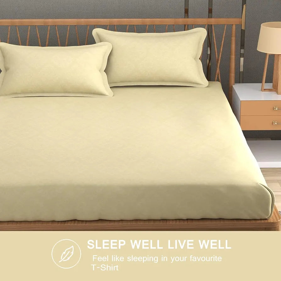 Fresh From Loom Rotary Printed King Size Double Bedsheet Microfiber Bed Sheets With 2 Pillow Covers 144 TC Light Beige Damas