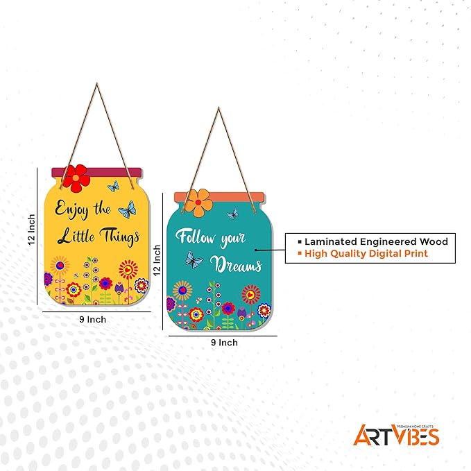 Artvibes Follow Your Dreams Quote Decorative Wall Art Mdf Wooden Wall Hanger for Living Room | Set of 2