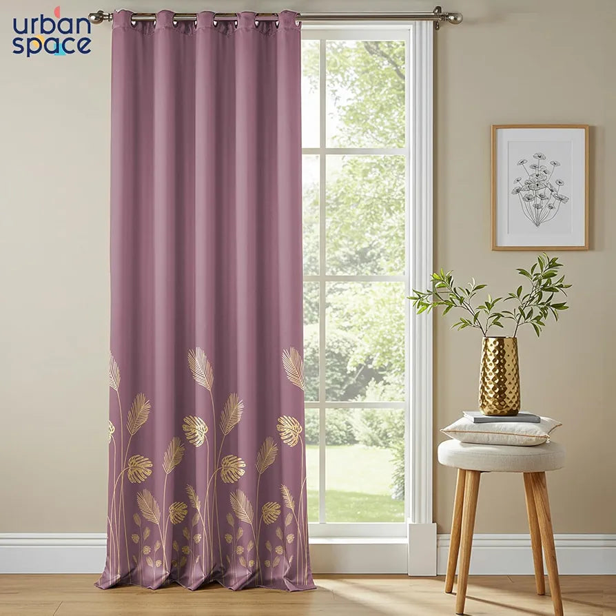 Urban Space Blackout Curtains for Living Room, Gold Foil Printed Luxurious Blackout Decorative Door Curtain Eyelet with Tieback 1 Piece Aurika Mauve Colour